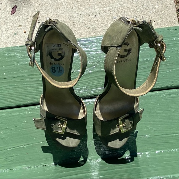 G by Guess woman suede olive green strapped wooden heel sandals. 8.5. Used. - Picture 2 of 7